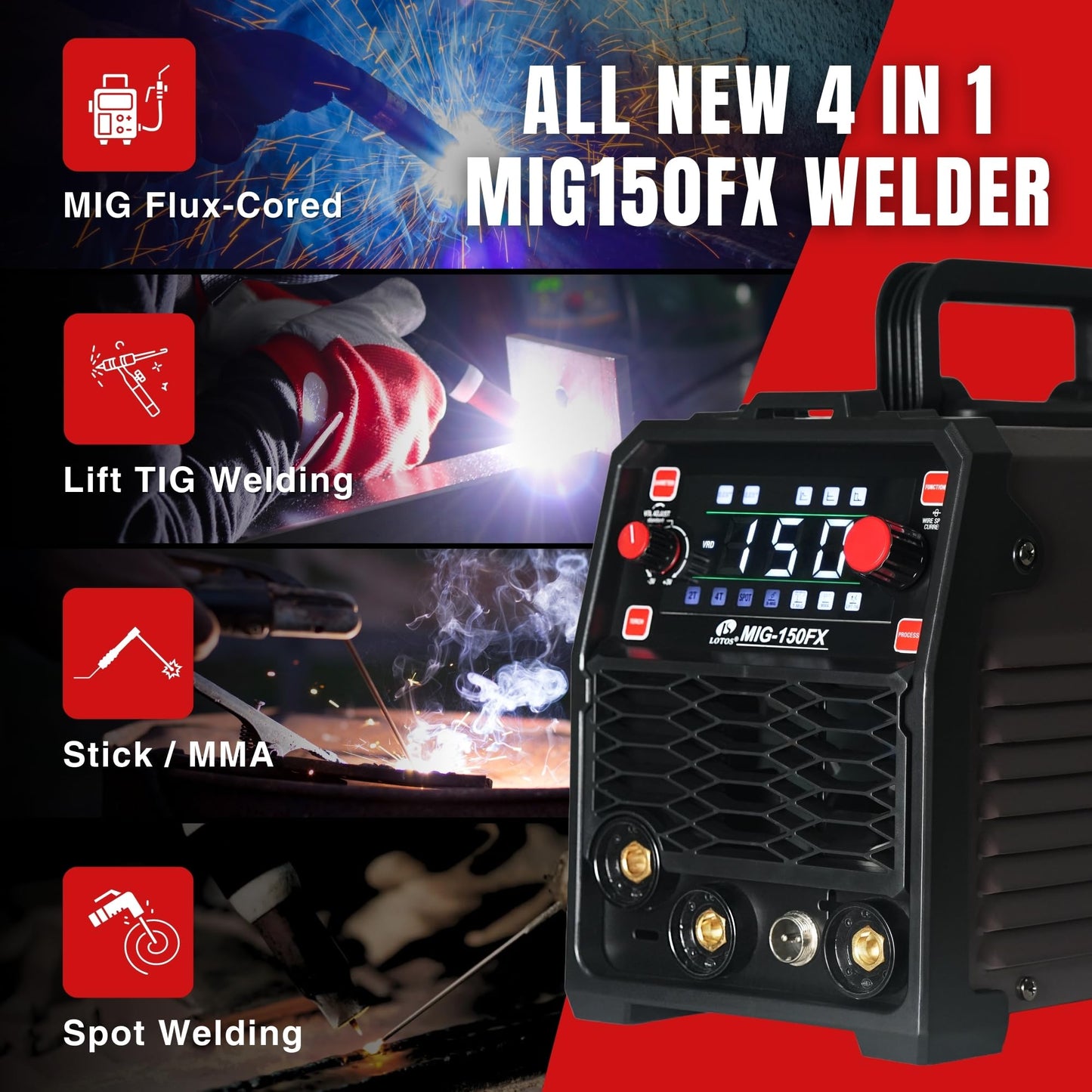 LOTOS OPTIMA 150A MIG Welder, 3-in-1 Synergic MIG Flux Core/MMA/TIG Welding Machine, 120V Portable IGBT Inverter with Large LED Display, 2T/4T/Spot Modes, Wire Feed 0.030"/0.035"