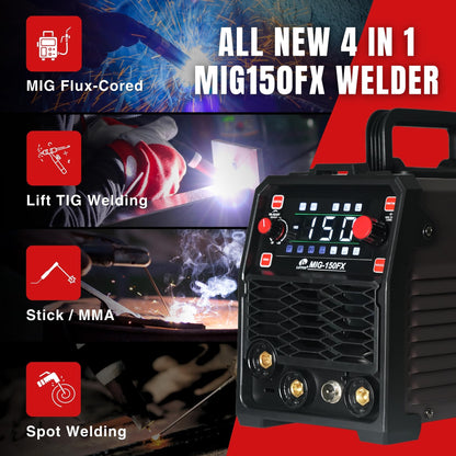 LOTOS OPTIMA 150A MIG Welder, 3-in-1 Synergic MIG Flux Core/MMA/TIG Welding Machine, 120V Portable IGBT Inverter with Large LED Display, 2T/4T/Spot Modes, Wire Feed 0.030"/0.035"