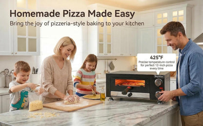 BeyGior Electric Pizza Oven Indoor,12 inch Countertop Pizza Maker with Viewing Window,Stainless Steel Commercial Pizza Oven, Removable Handle,Dual Baking Trays and Oven Mitts
