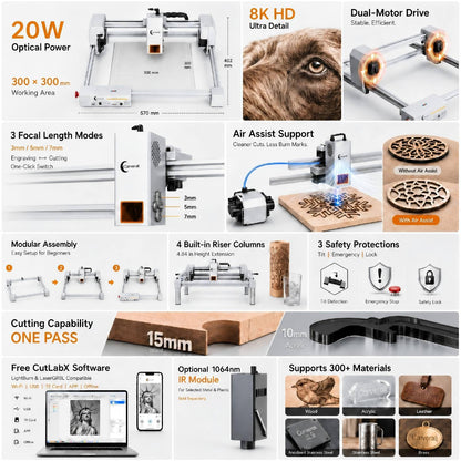 Carverall X1/JL9 20W Laser Engraver and Cutter with Air Assist, Laser Engraving Machine for Wood Metal Acrylic Glass Stone, Powerful DIY CNC Laser Cutter 11.8" x 11.8" 20000mW Class1