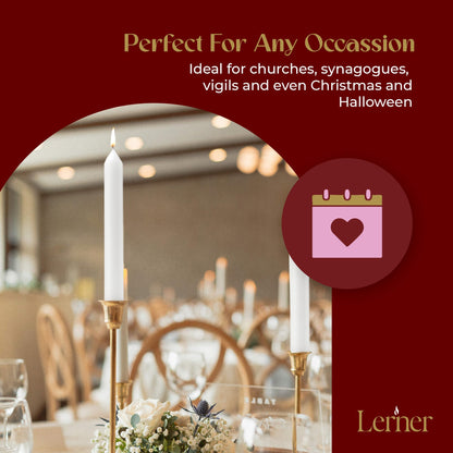 Lerner White Household Candlesticks, Pack of 72 | 3-Hour Burning Time | 4 Inch Tall Dinner Candles | 100% Dripless | Shabbat Candles | Candlesticks for Holidays, Churches, Décor, Emergencies
