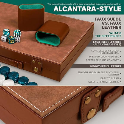 Premium 15 Inch Backgammon Set for Adults – Classic Faux Suede Leather Backgammon Board with 32 Chips Dice Cups &amp Doubling Cube