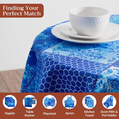 Maison d' Hermine Table Cloth Round Table 100% Cotton 63 Round Inches Tablecloth Reusable Decorative for Dining Kitchen Room Farmhouse Home Gifts for Mothers Day Spring Summer - Indigo Love