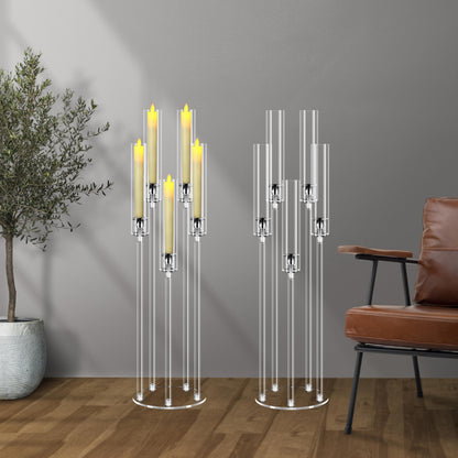 2Pcs 5 Arms Acrylic Candelabra Centerpieces for Tables Decortion,Clear Candle Holder for Wedding Dinner Fireplace Decoration,35 inches Tall Candlesticks Holder with Lampshade, Fits LED Candle