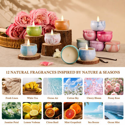 Scented Candles Gift Set for Women, 12 Pack Soy Wax Aromatherapy Candles with Spring Summer Fresh Scents, Up to 300H Total Burn Time, Colorful Portable Tin Candle Gift for Mom, Birthday & Housewarming