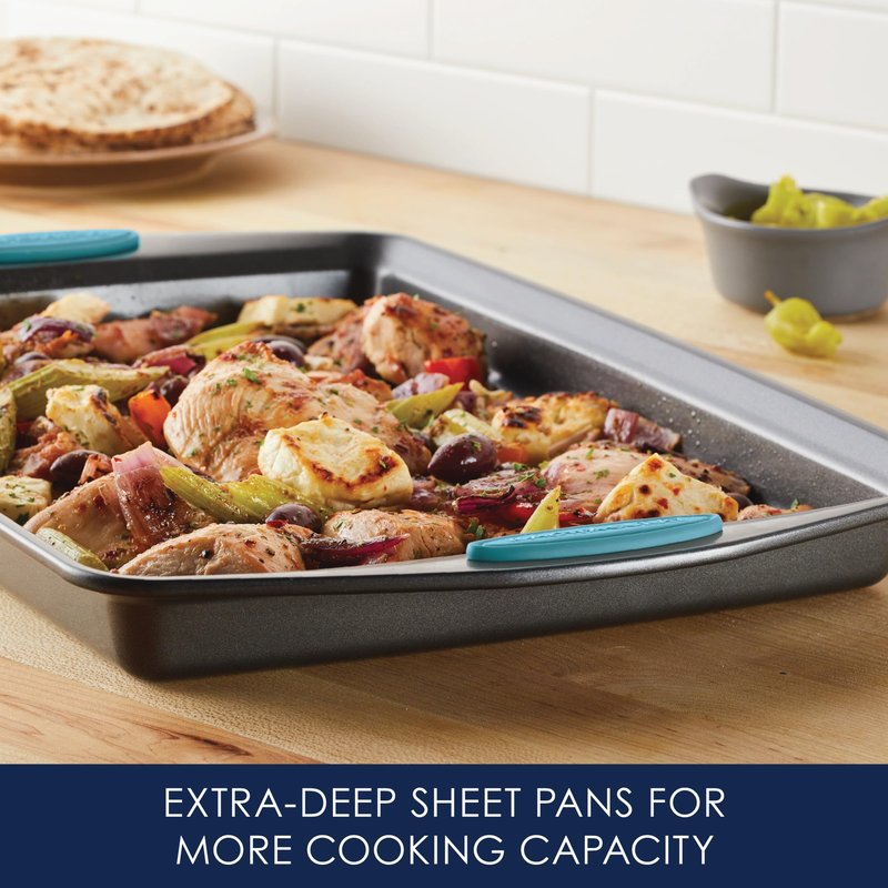 Rachael Ray Bakeware Nonstick Cookie Pan Set, 3-Piece, Gray with Agave Blue Grips