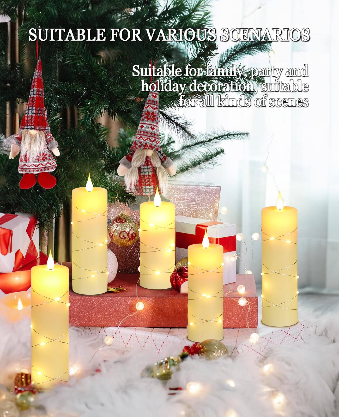 Upinmz Flickering Flameless Candles with Embedded String Lights, Battery Operated Candles with Remote Control and Timer,LED Candles for Home Decoration,Real Wax, 5 Pack Ivory