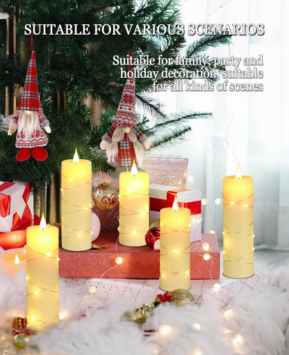 Upinmz Flickering Flameless Candles with Embedded String Lights, Battery Operated Candles with Remote Control and Timer,LED Candles for Home Decoration,Real Wax, 5 Pack Ivory