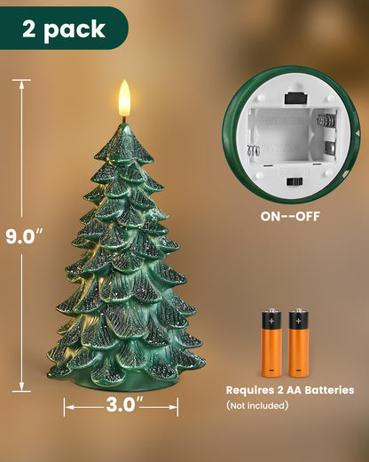 SURAIELEC Battery Operated Christmas Tree Candles, 6-Hour Timer Flameless Tree Candles, Real Wax Finish, Flickering LED Candle, 9'' Christmas Candlesticks for Window, Mantel, Dining Table, 2-Pack