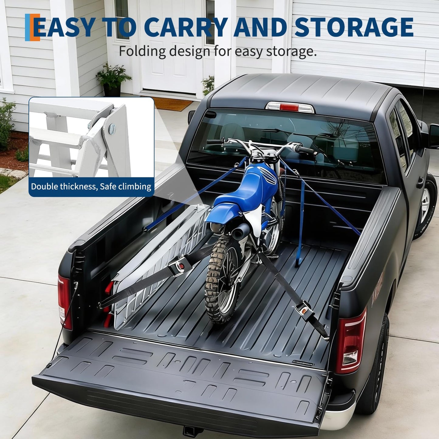 GarveeTech 7.5 Foot Folding Aluminum Motorcycle Ramp 750 LB Capacity Dirt Bike Ramp for Pickup Trucks with Crossbar Rungs and Rubber Tipped Ends 89 x 12 Inch 2 PC