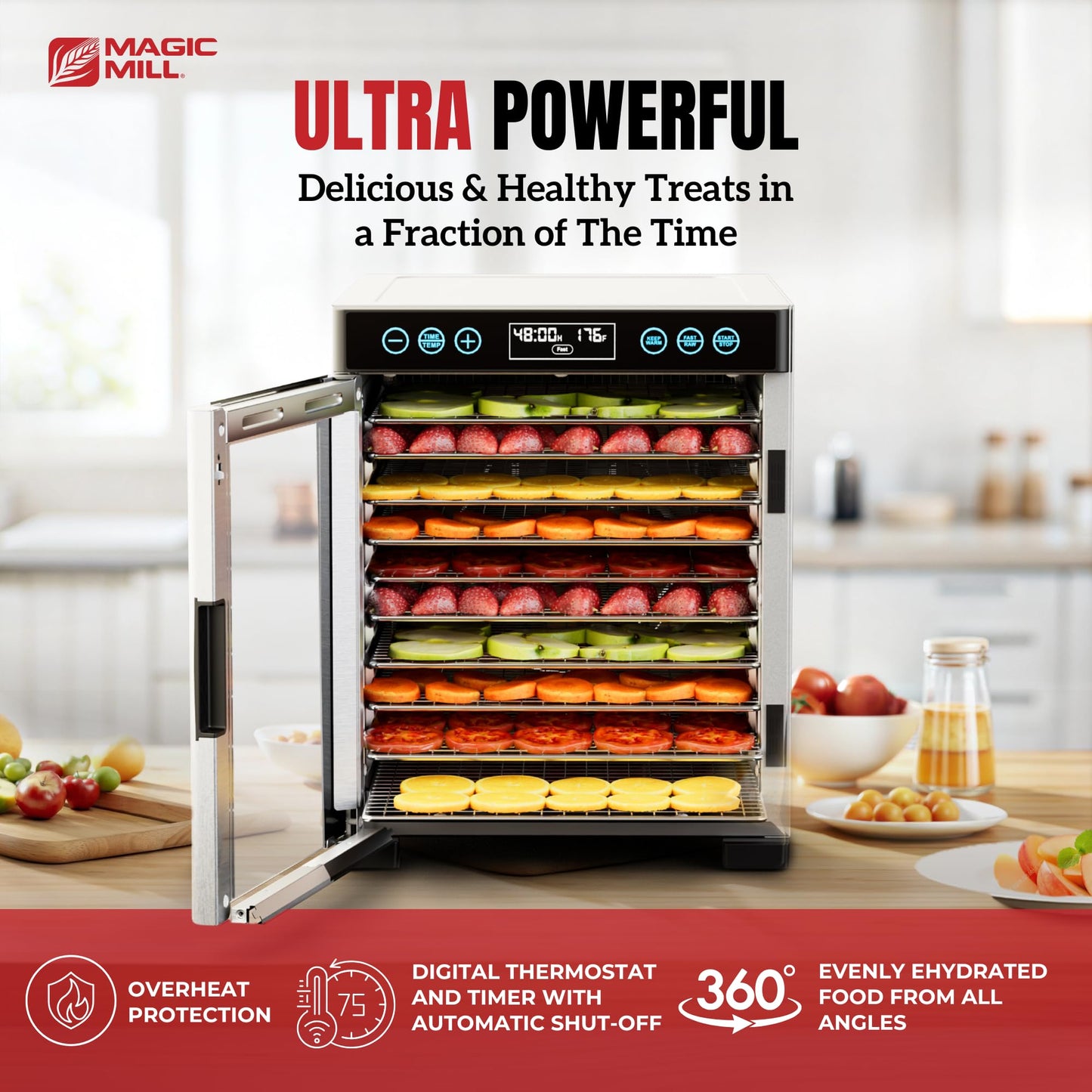 Magic Mill Pro Food Dehydrator Machine | 10 Stainless Steel Trays | Dryer for Jerky, Dog Treats, Herb, Meat, Beef, Fruit | Keep Warm Function, Digital Timer and Temperature Control, ETL Approved