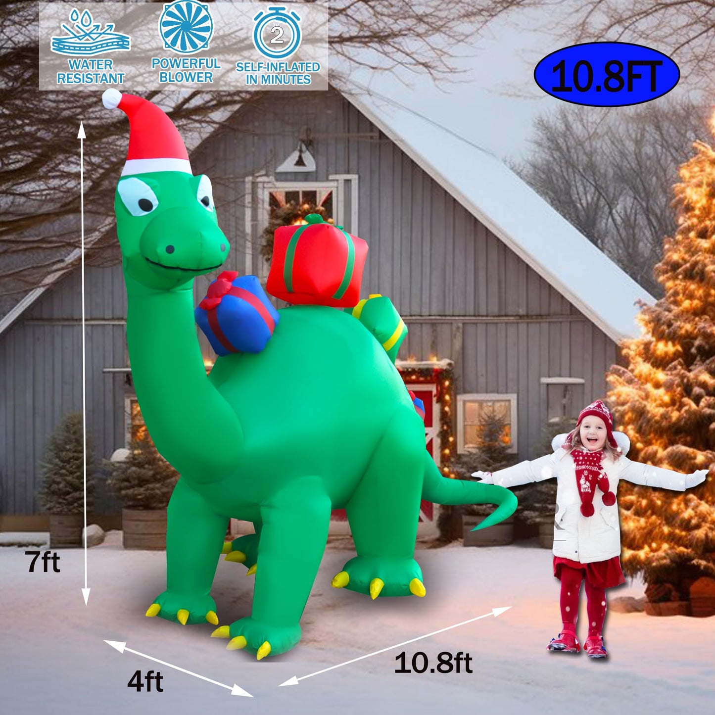 JOYEASE 10.8 FT Christmas Inflatables Dinosaur Decoration, LED Light Xmas Christmas Blow up Yard Decorations for Lawn Holiday Garden Christmas Outdoor Inflatables
