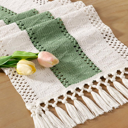 Socomi Boho Table Runner Summer Farmhouse Rustic Dining Kitchen Decor Small Macrame Woven Cotton Linen Coffee Table Runner for Dresser Scarf Home Decor 12x48 inch Sage Green Ivory
