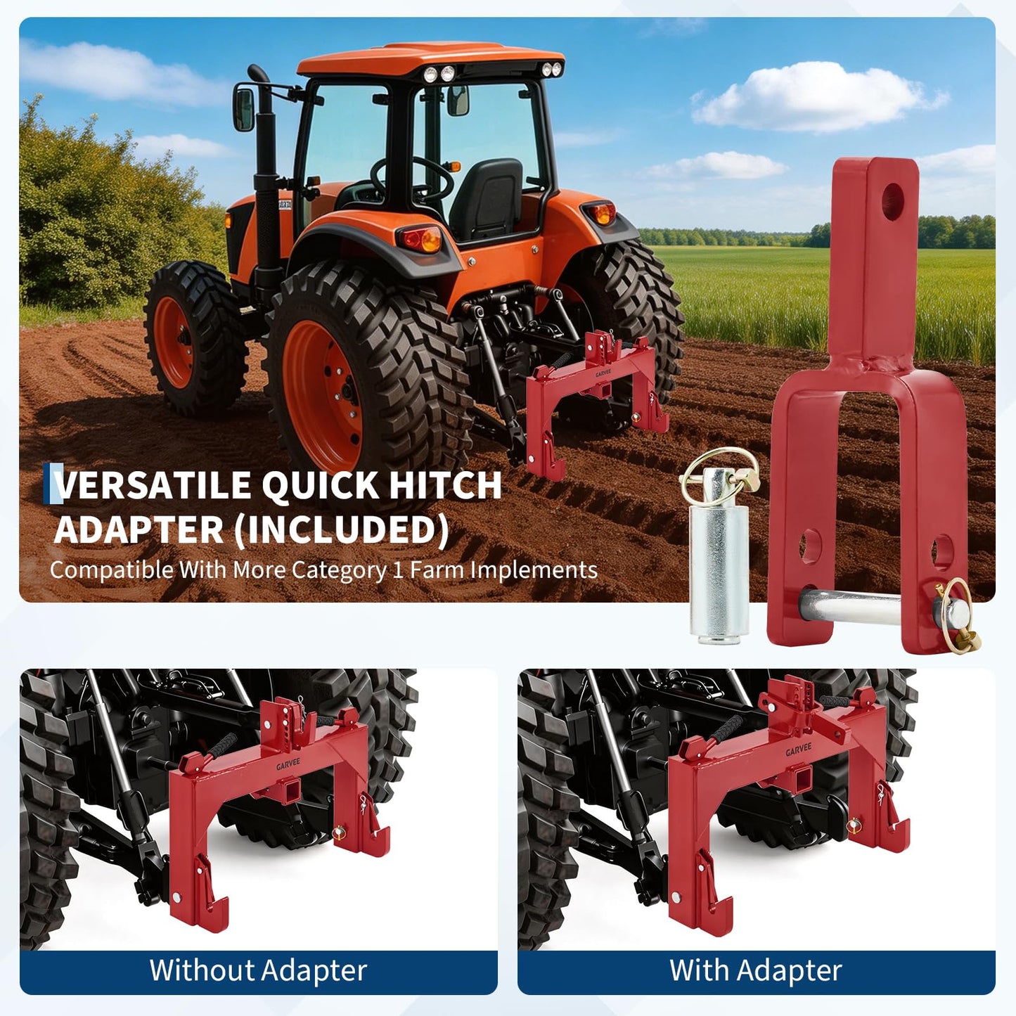3-Point Quick Hitch with 2" Trailer Receiver, 3000LBS Lifting Capacity Category 1 Tractor Attachment, 5-Level Adjustable Top Hook, No Modification Needed for Agricultural Use