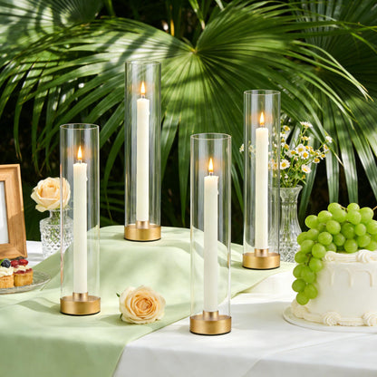 Hurricane Candle Holders Golden Taper Candle Sticks Holder, with 11" Thickened Glass Cylinder Covers Tall Candlesticks Holders Bulk Set of 4, Dining Table Centerpiece for Wedding