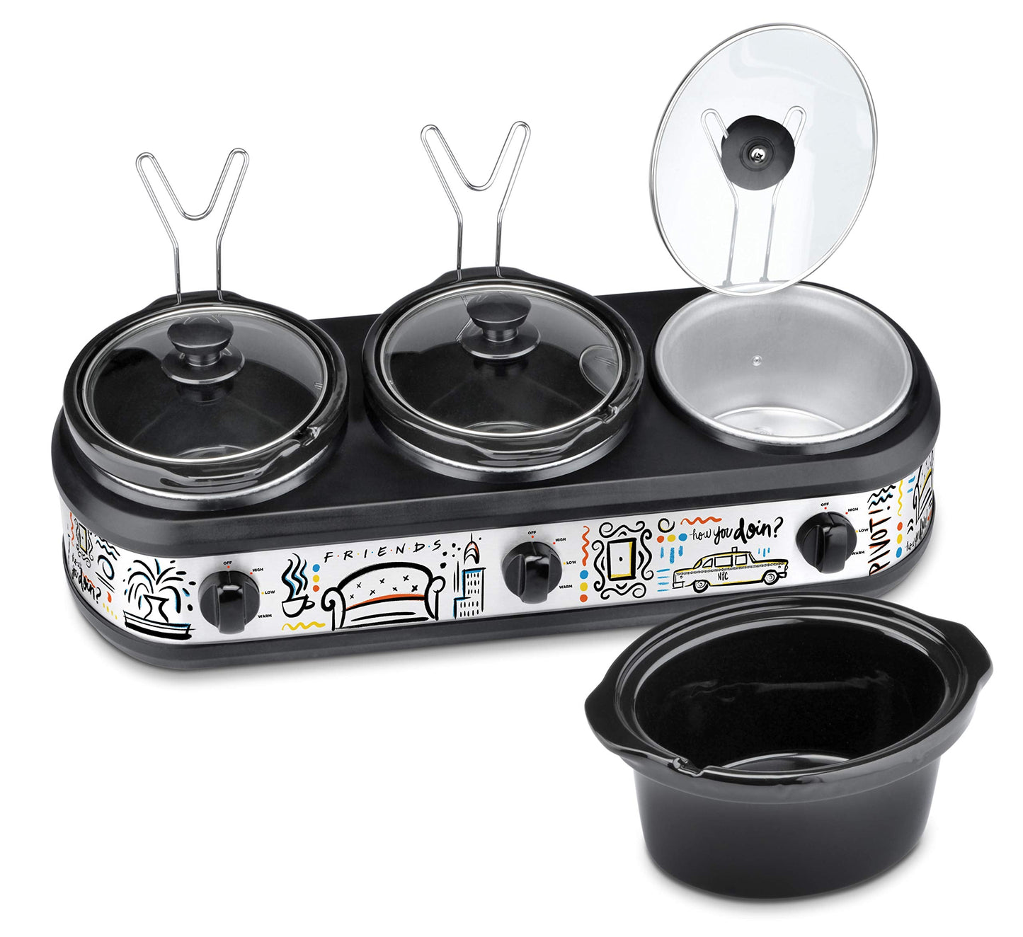 Friends Three 2.5 Qt Buffet Server by Select Brands - Triple Slow Cooker with Removable Stoneware Inserts - Independent Heat Controls - Lid Rests & Serving Spoons Included