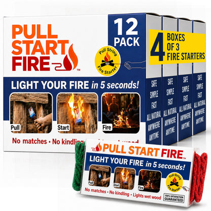 Pull Start Fire Pull String Fire Starter - No Matches Required, Lights Wet Wood, Chimney Starter, Food Safe Firestarter Brick for Campfire Grill, BBQ, Fireplace, Firepit, Burns 30 Minutes - 12 Count
