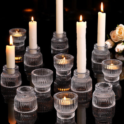 HAVITI 12 Pack Clear Taper Candle Holders, Glass Candlestick Holders, Tea Light Candle Holder for Fall Wedding Centerpieces Table Decorations, Votive Candle Holders for Table Decor