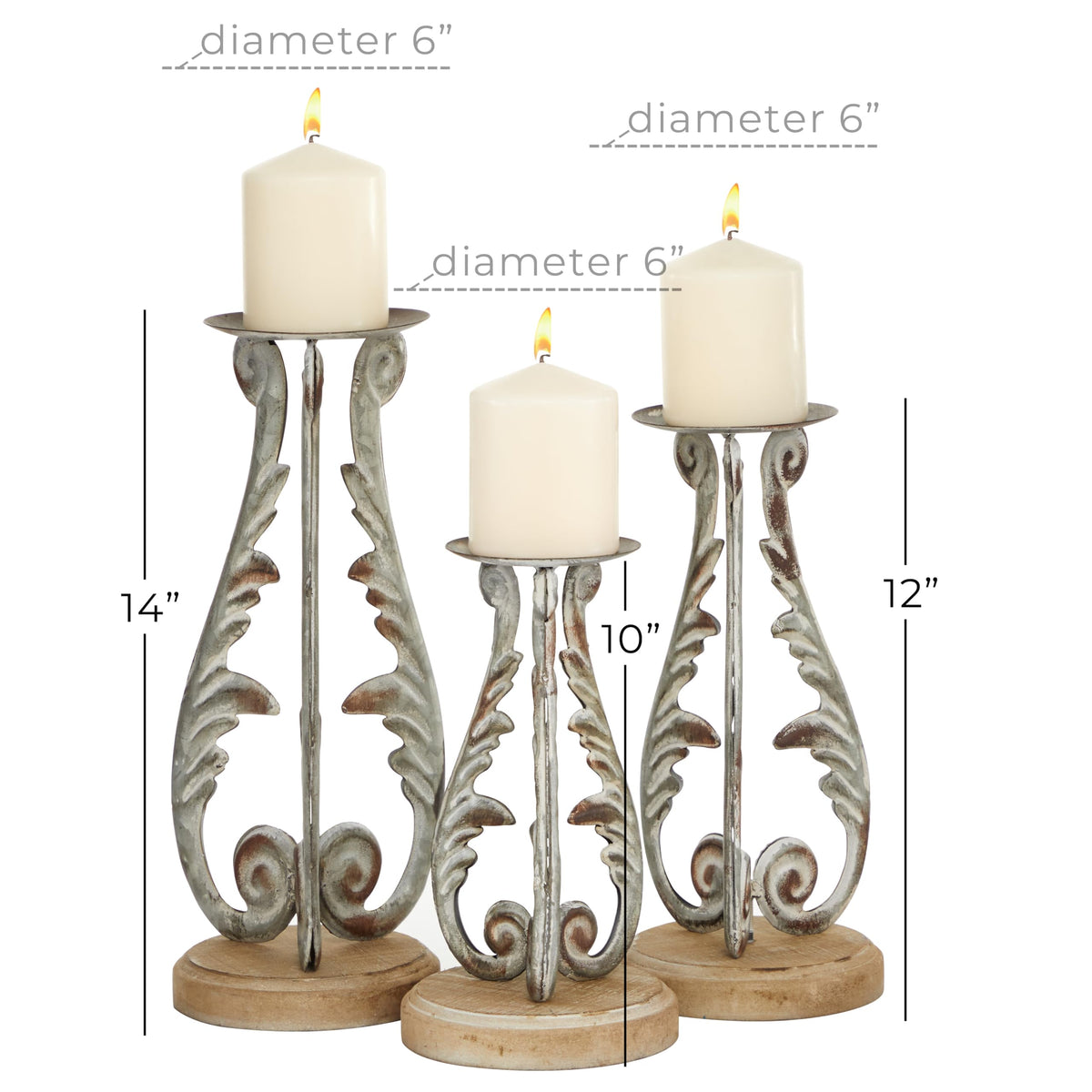 Deco 79 Metal Solid Candle Holder, Set of 3 14", 12", 10"H, Silver