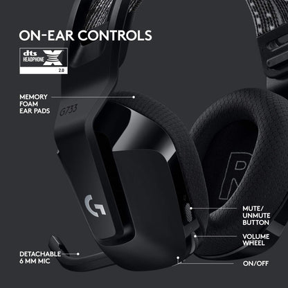 Logitech G733 Lightspeed Wireless Gaming Headset, Suspension Headband, Lightsync RGB, Blue VO!CE Mic, PRO-G Audio – Black, Gaming Headset Wireless, PC, PS5, PS4, Switch Compatible