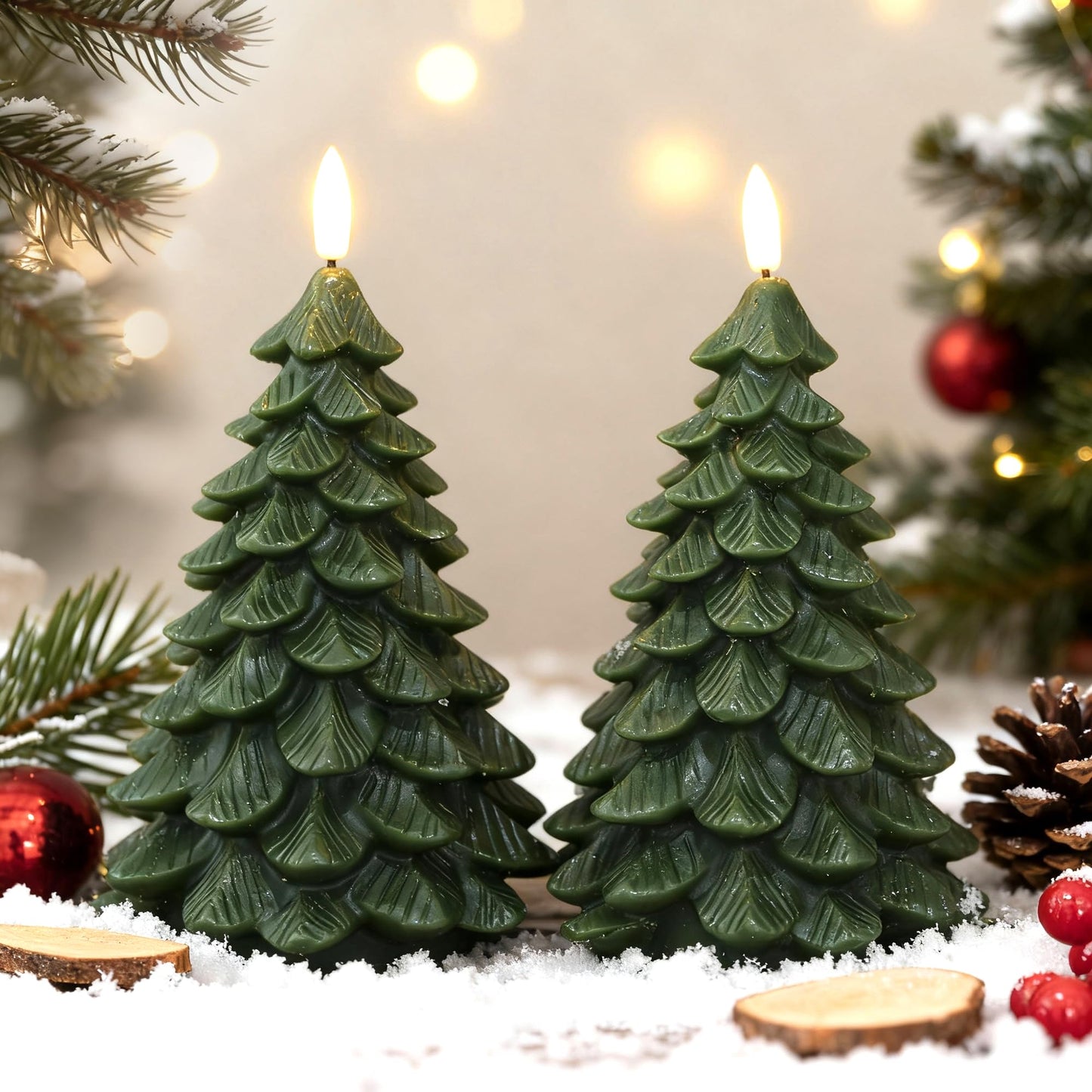 LUSHARBOR Flameless Candles with Remote Timer, 2 Pack Christmas Tree Candles Battery Operated LED Candles Real Wax Holiday Christmas Decoration for Bedroom Party Festival Gift Green