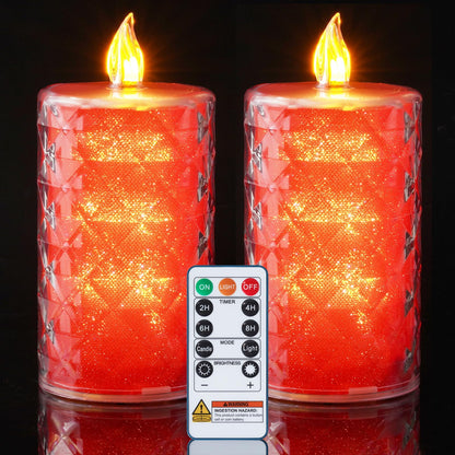 Homemory Battery Operated Candles with Remote, 2 Pcs Timer Flickering LED Fake Candles, Flameless Candle with Crystal Shell and Embedded Glitter for Wedding, Home & Christmas Decor, Red