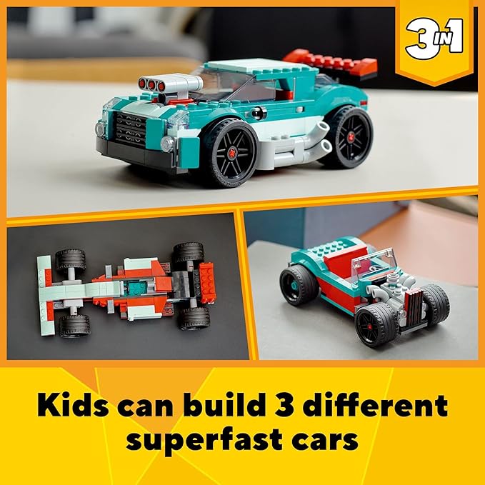 LEGO Creator 3 in 1 Street Racer Car Rebuildable Kit Transforms to a Muscle Car Hot Rod or Race Car Toy Great Model Car Toy Gift for Boys and Girls Age 7+ Years Old 31127