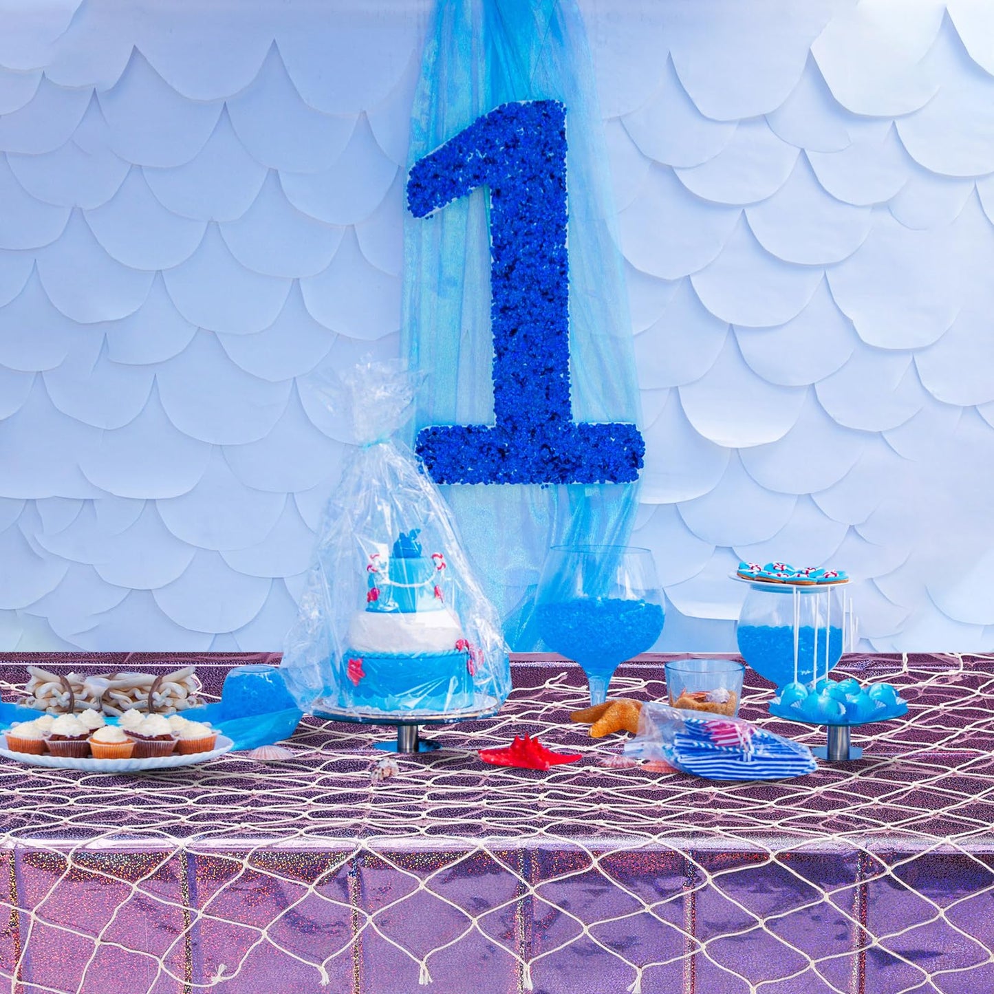Oudain 12 Pcs Mermaid Tablecloth Fish Net and Iridescent Plastic Table Cloth Decorations Set for Mermaid Birthday Decorations,Ocean Summer Sea Theme Party Baby Shower (Purple,Blue,Pink)