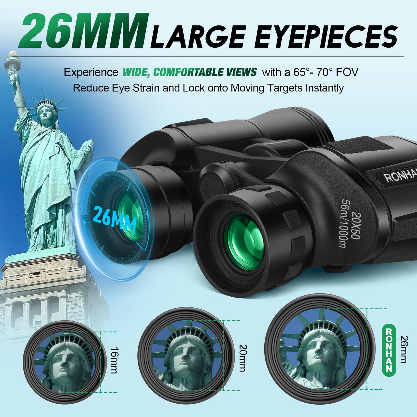 RONHAN Binoculars for Adults High Powered, Military Compact HD Professional/Daily Waterproof 20x50 Binoculars for Bird Watching Travel Hunting Football Games Stargazing with Carrying Case & Strap