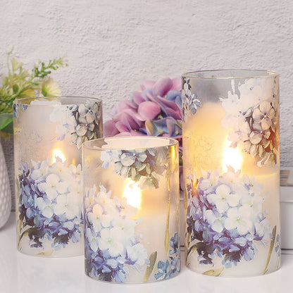 Silverstro Hydrangea Flameless Candles with Remote Blinks Glass Real Wax LED Candles - Home Party Wedding Romantic Love Theme Summer Holiday Decor - Set of 3