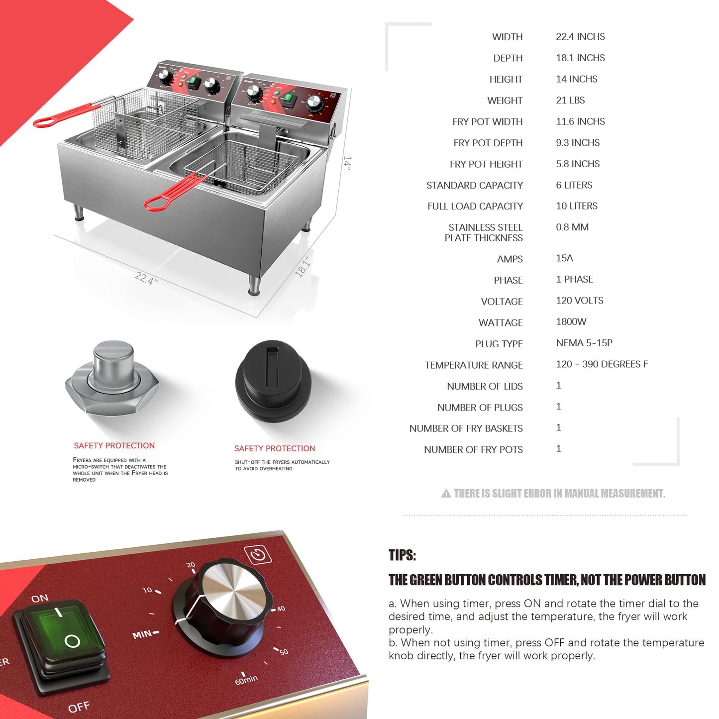 EGGKITPO Deep Fryers Stainless Steel Commercial Deep fryer with Timer Dual Tank Electric Deep Fryer with 2 Baskets Large Capacity 10L X 2 Electric Countertop Fryer for Restaurant and Home, 120V 3600W