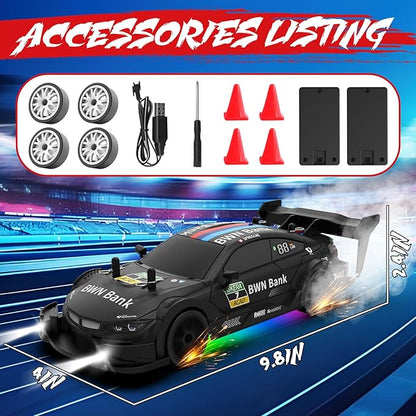 RC Drift Car 1:20 Scale Remote Control Cars 2.4GHz 4WD High Speed RTR Racing Vehicle with LED Lights 2 Rechargeable Batteries and Drifting Tires Racing Sport Toy Car for Adults Kids Boys Girls