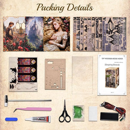 Book Nook Kit - DIY Miniature House 3D Wooden Puzzle for Adult and Teens Booknook Bookshelf Decor Scale Model Build with LED Light Gifts for Family and Friends (Sleeping Beauty)