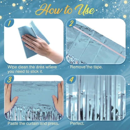 Skiennix Light Blue Fringe Backdrop - 3.2x8.2ft Shining Foil Tinsel Curtains for Parties & Events