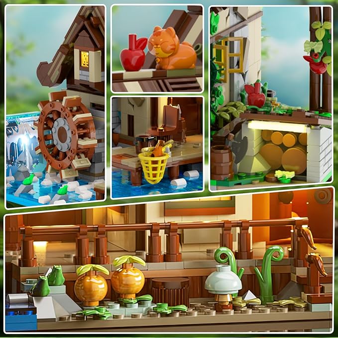 Wood Cabin Building Set with Light 2570 PCS Wooden Forest House Mini Building Block Toy with Waterwheel Pond Animals Big House Construction Model for Adults Teens Kids Boys Girls 10-12+