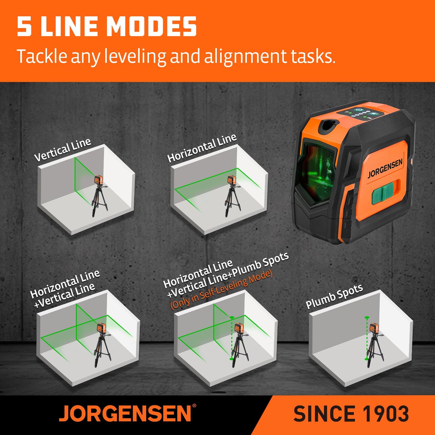 JORGENSEN Laser Level with Tripod & 2 Plumb Dots, 100 FT Self Leveling Point Cross Line Laser Leveler Tool, Wide Angle Green Laser Level for Picture Hanging, Indoor Project, Construction, Carry Bag