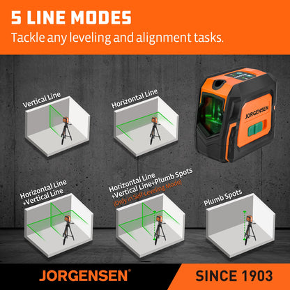 JORGENSEN Laser Level with Tripod & 2 Plumb Dots, 100 FT Self Leveling Point Cross Line Laser Leveler Tool, Wide Angle Green Laser Level for Picture Hanging, Indoor Project, Construction, Carry Bag
