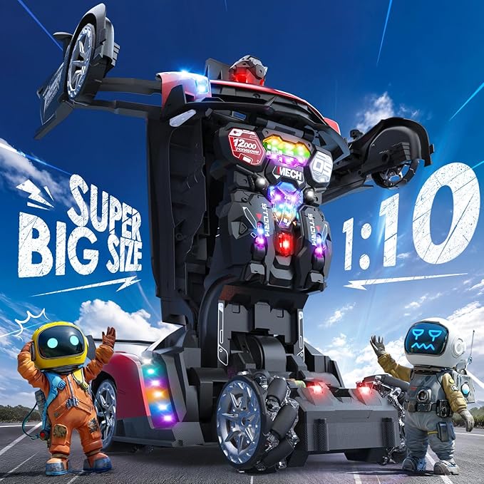 Holyton 1:10 Scale Transforming RC Car &amp Robot with Gesture Control 80 Mins Play (2 Batteries) One-Button Transformation LED Lights &amp Sound Effects – STEM Gift for Boys &amp Girls Ages 5-1