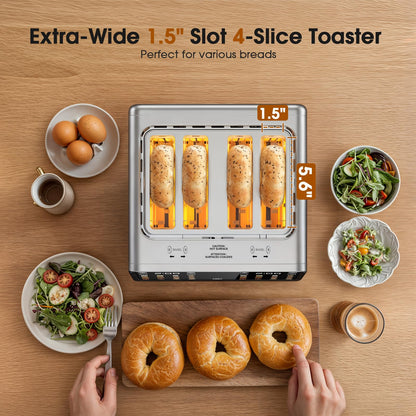 4-Slice Smart Toaster, 1800W Digital Touchscreen with Dual-Zone Control, 1.5" Extra-Wide Slots for Bagels & Thick Bread, 6 Browning Levels & 6 Presets, Single-Slot Energy Saving, Defrost/Reheat