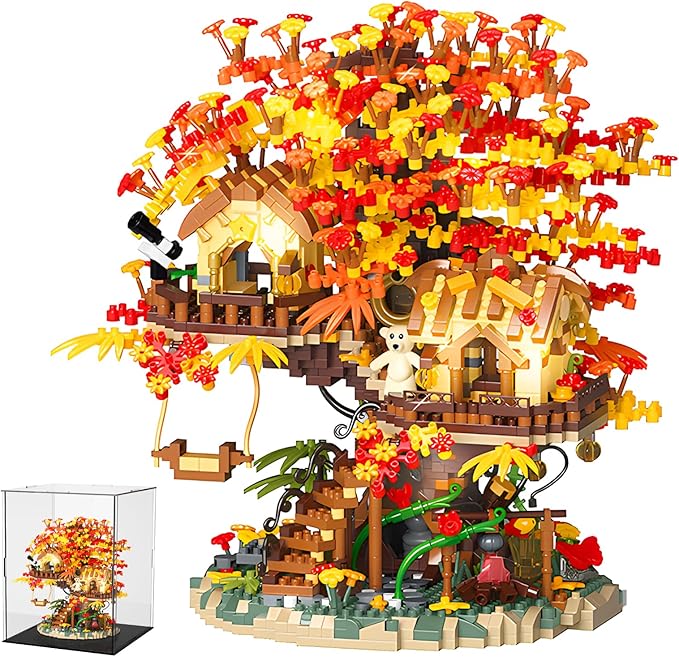 Cherry Blossom Bonsai Tree House Building Blocks Set with Acrylic Display Box Plants Flowers Treehouse Architecture Micro Mini Block Kits Gift for Adults（2725 Pieces