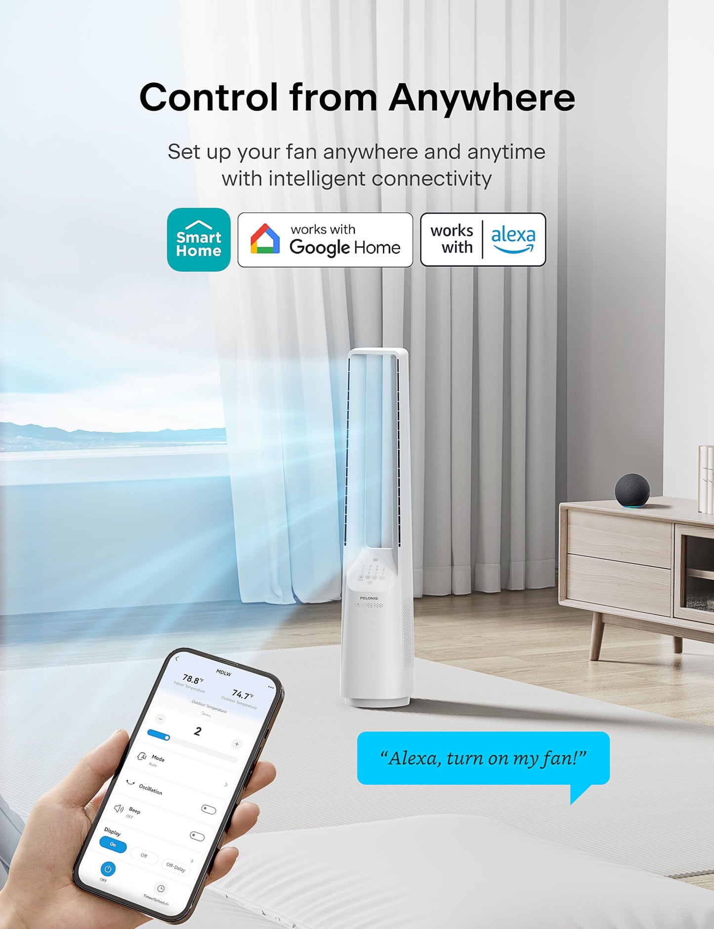 PELONIS Bladeless Tower Fan with 26-33ft Powerful Airflow, Alexa and Google Compatible, 6-Speed Settings, Quiet DC Motor, 120° Oscillation, 7-Hour Timer - Ideal for for Bedroom Home Office Use,White