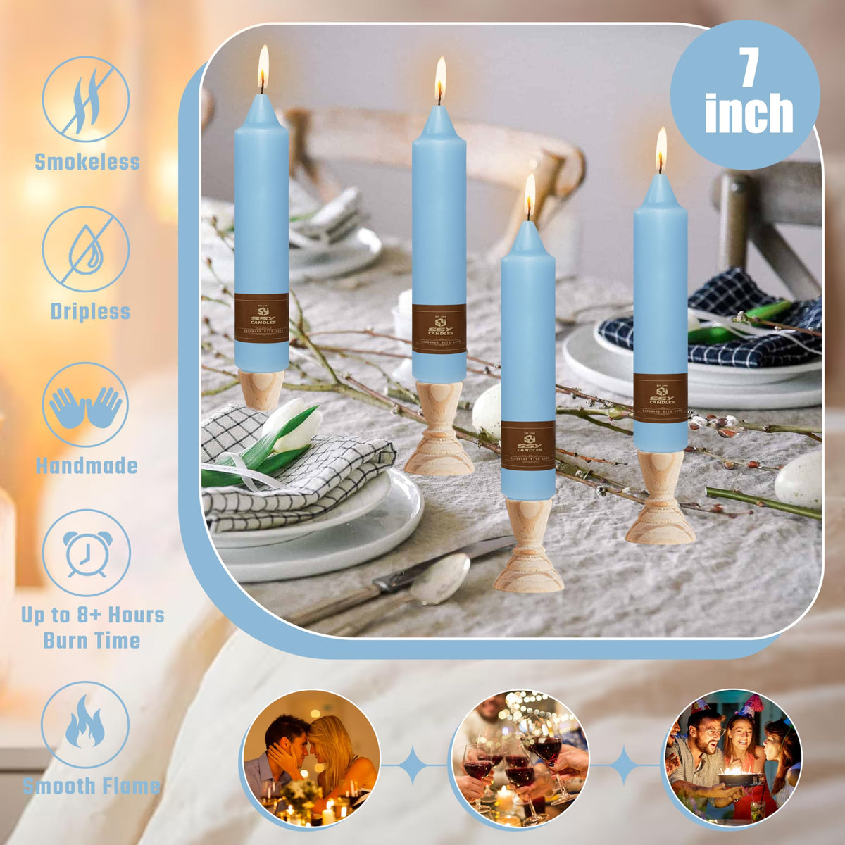 4 Pack Taper Candles Blue Tapered Candles 7 Inch Smokeless Candle Unscented Short Candlesticks Ideal for Weddings Dinner Parties Home Decor