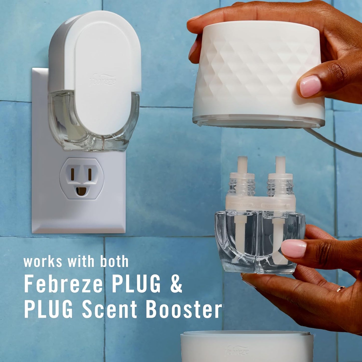 Febreze Plug Scent Booster Starter Kit, Oil Diffuser, Air Freshener Plug in, Continuous Scent Device + 2 Gain Original Refills