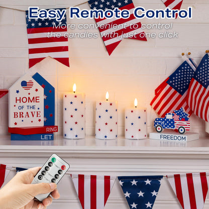 JOIONE 4th of July Flameless Pillar Candles with Remote, 3 Pack Patriotic Battery Operated Real Wax LED Candles, Perfect for Independence Day Home Decorations Fireplace Table, Star Sticker
