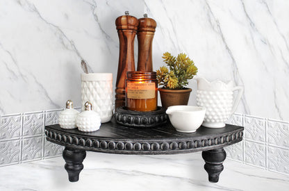Felt Creative Home Goods Set of 2 Round Rustic Wood Beaded Risers - Sturdy 2-Sided Stackable Decor Pedestal Stands for Tiered Tray, Candle, Mug Display (Rustic Black, 5 inch)