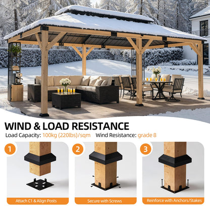 ALAULM 12'x20' Hardtop Gazebo, Outdoor Wood Pergola with Double Metal Roof Metal Corner Frame Shelves Storage,Outdoor Pavilion for Patio, Backyard, Deck,Natural