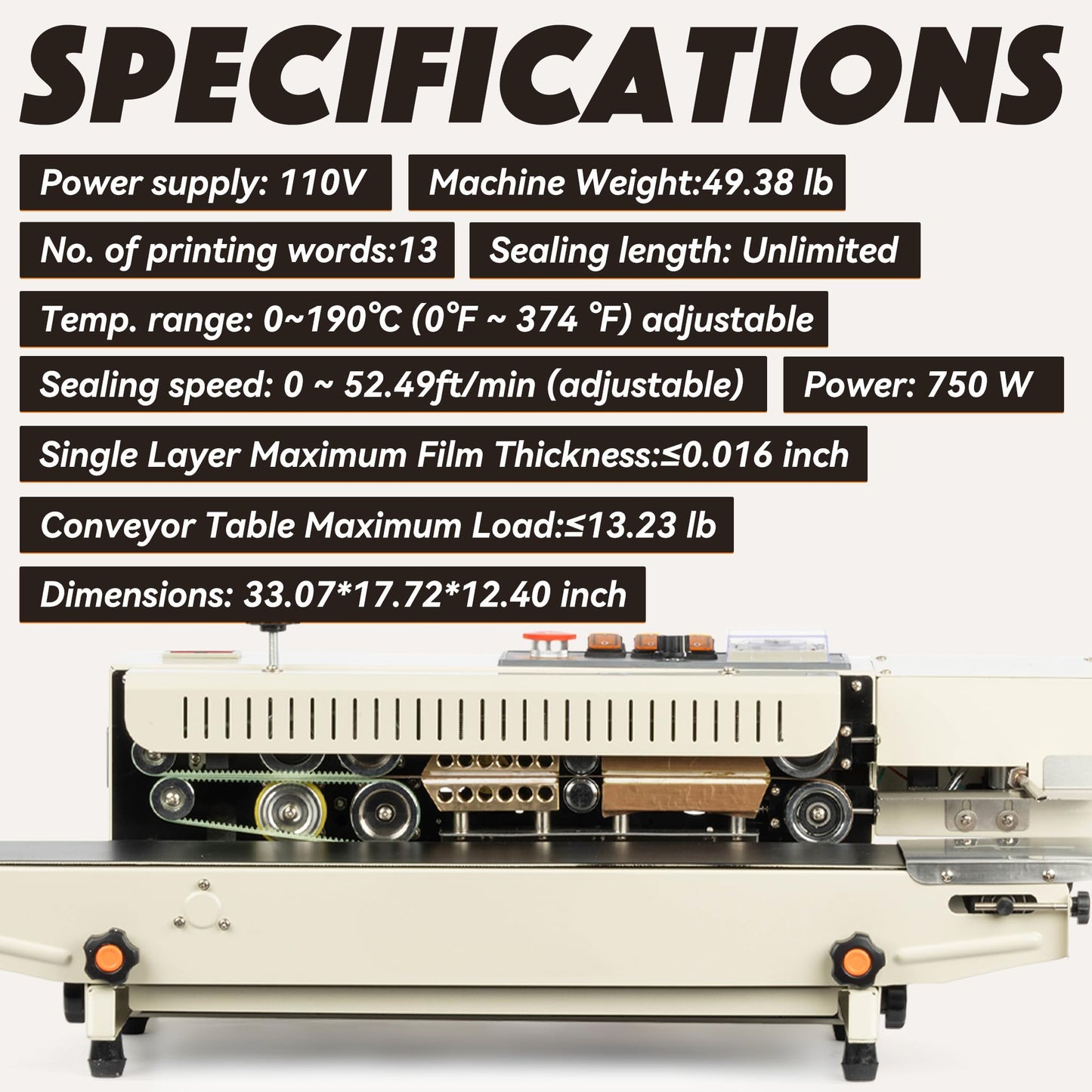 U.S. Solid Continuous Bag Band Inflation Sealer Sealing Machine, Automatic Horizontal Band Sealer with Digital Temperature Control for PVC Bags Films Stamp Coding 110V