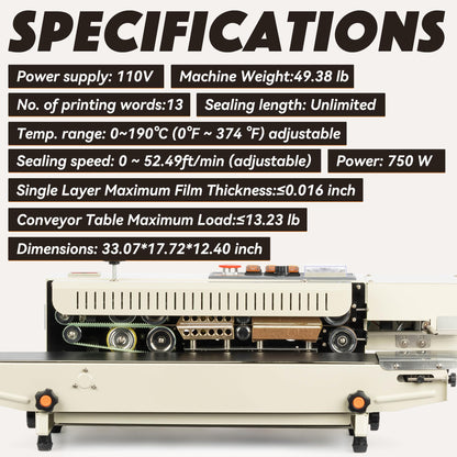 U.S. Solid Continuous Bag Band Inflation Sealer Sealing Machine, Automatic Horizontal Band Sealer with Digital Temperature Control for PVC Bags Films Stamp Coding 110V