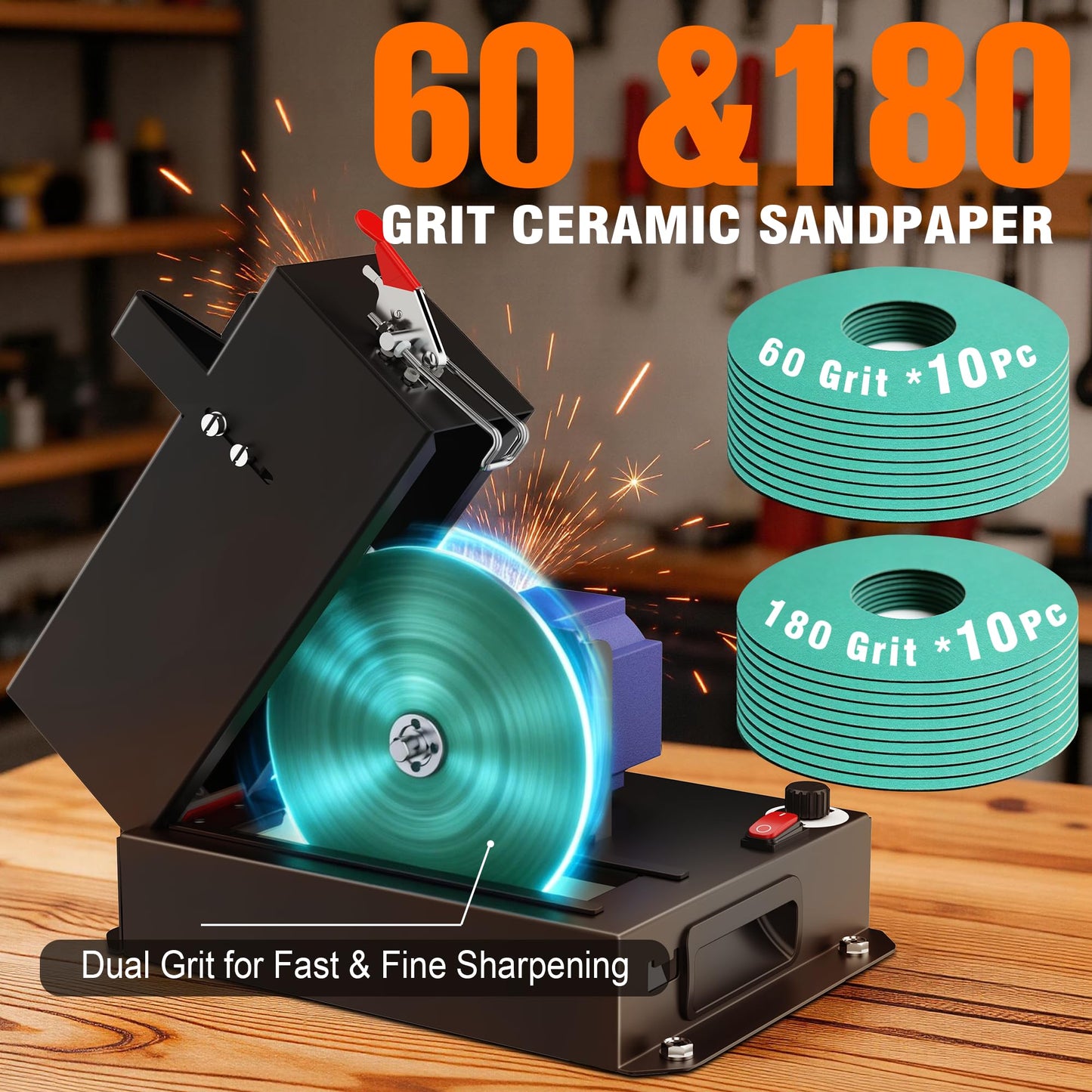 SporGain Lawn Mower Blade Sharpener, Brushless Motor 3000RPM Blade Grinder with Lifetime Motor Warranty, 7" Ceramic Wheel with 20 Sanding Discs for High Lift, Low Lift, Gator & Flat Blades