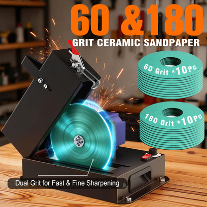 SporGain Lawn Mower Blade Sharpener, Brushless Motor 3000RPM Blade Grinder with Lifetime Motor Warranty, 7" Ceramic Wheel with 20 Sanding Discs for High Lift, Low Lift, Gator & Flat Blades